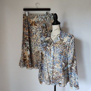 Cynthia Max Linen Blend Hilltribe Printed 2 Piece Shirt and Skirt Multicolor